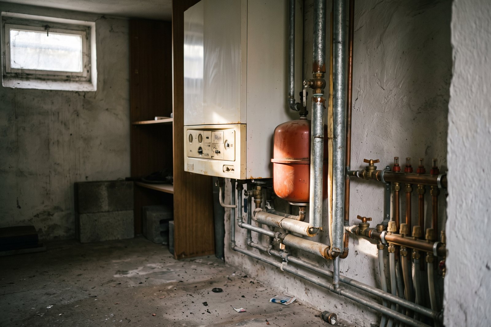 Alter wandhängender Gas-Heizkessel im Keller eines Bestandshauses