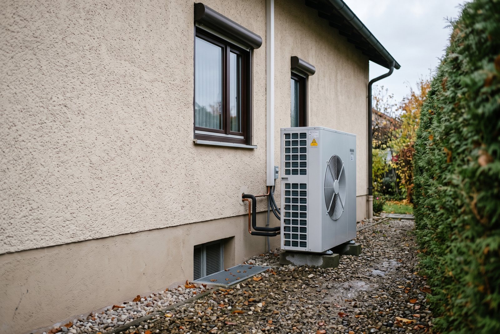 Außeneinheit einer Luft-Wärmepumpe an der Seitenwand eines Einfamilienhauses