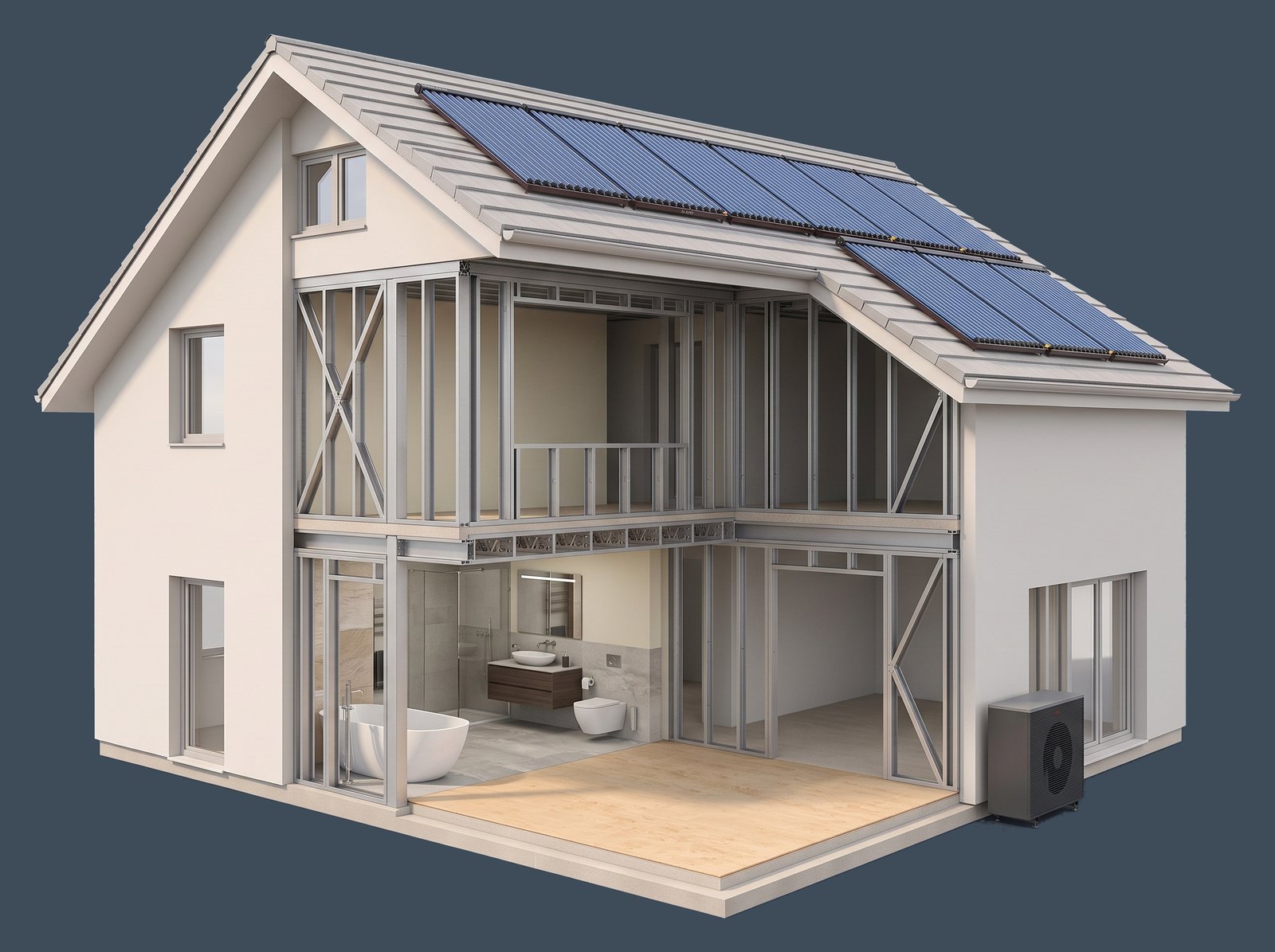 Schnittmodell eines Hauses: Solarthermie auf dem Dach, Wärmepumpe an der Außenwand, modernes Bad im offenen Raum